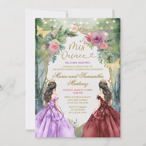 Purple and Red Forest Twin Princess Quinceañera Invitation