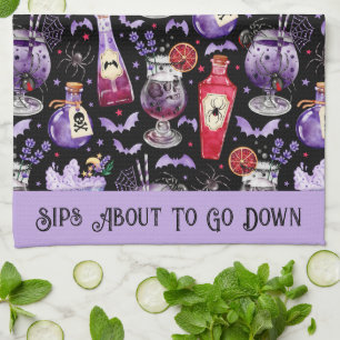 Purple and Red Halloween Cocktails and Potions Kitchen Towel