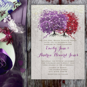 Purple And Red Heart Leaf Forest Tree Wedding Invitation by samack at Zazzle