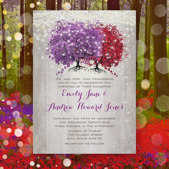 Purple and Red Heart Leaf Forest Tree Wedding Invitation (Creator Uploaded)