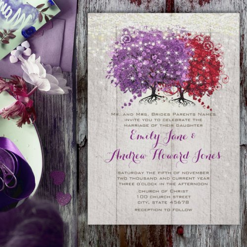 Purple and Red Heart Leaf Forest Tree Wedding Invitation