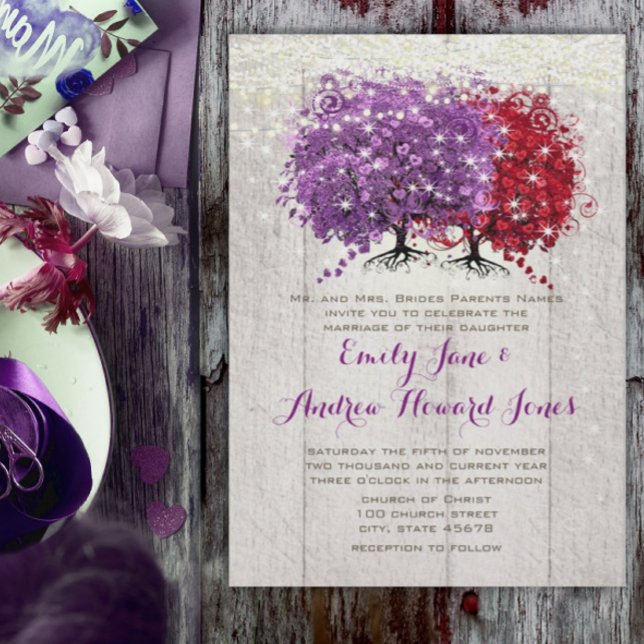 Purple and Red Heart Leaf Forest Tree Wedding Invitation (Creator Uploaded)