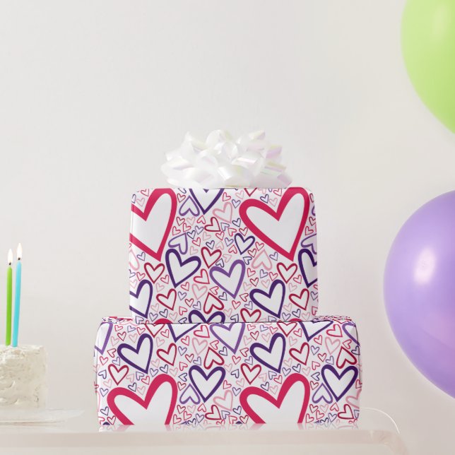 Purple and Red Hearts Pattern Wrapping Paper (Party Gifts)