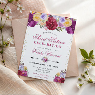 Purple and Red Summer Flowers Sweet Sixteen Invitation