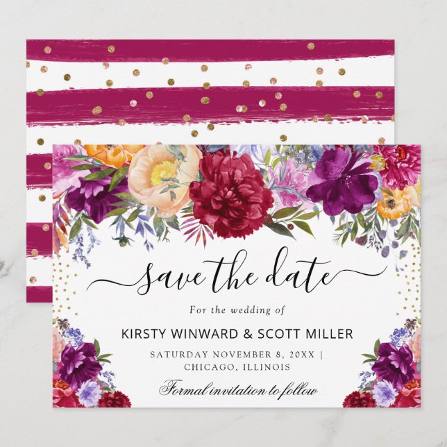 Purple and Red Summer Flowers Wedding Save The Date (Front/Back)