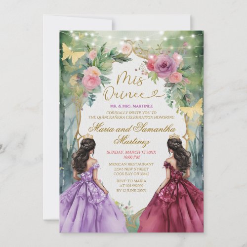 Purple and Red Twin Dark Skin Princess Mis Quince Invitation