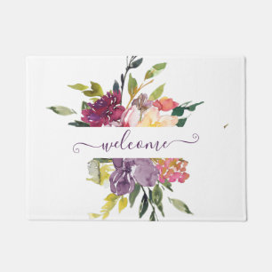 Purple and red watercolor floral personalized doormat