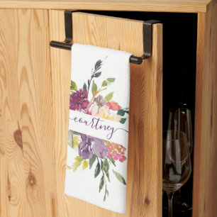 Purple and red watercolor floral personalized   kitchen towel