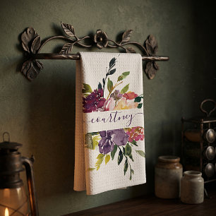 Purple and red watercolor floral personalized kitchen towel
