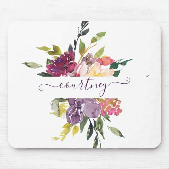 Purple and red watercolor floral personalized mouse pad (Front)
