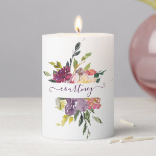 Purple and red watercolor floral personalized pillar candle