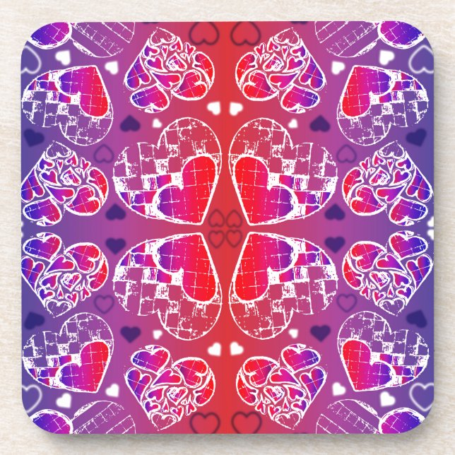Purple and Red Whimsical Romantic Hearts pattern Beverage Coaster (Front)