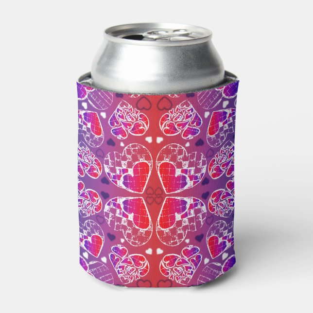 Purple and Red Whimsical Romantic Hearts pattern Can Cooler (Can Front)