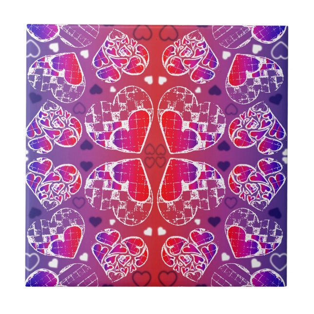 Purple and Red Whimsical Romantic Hearts pattern Ceramic Tile (Front)