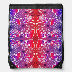 Purple and Red Whimsical Romantic Hearts pattern Drawstring Bag