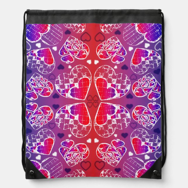 Purple and Red Whimsical Romantic Hearts pattern Drawstring Bag (Front)