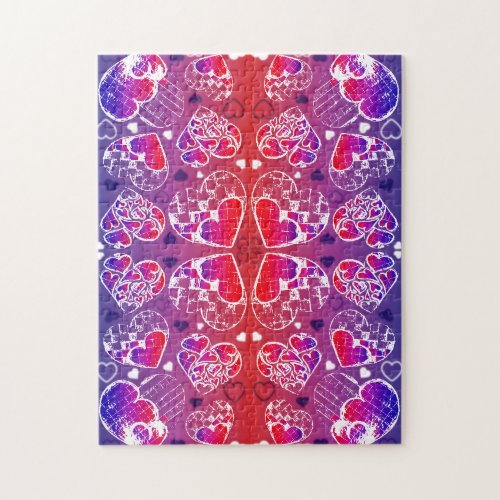 Purple and Red Whimsical Romantic Hearts pattern Jigsaw Puzzle