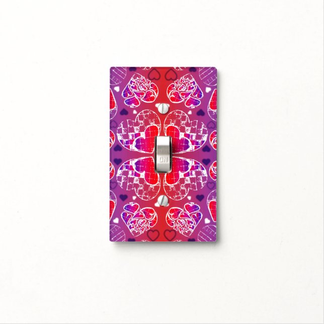 Purple and Red Whimsical Romantic Hearts pattern Light Switch Cover (In Situ)