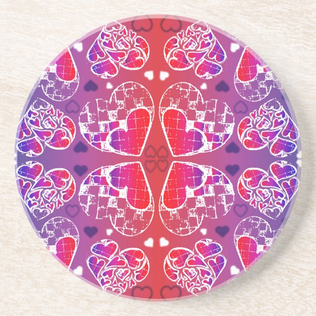 Purple and Red Whimsical Romantic Hearts pattern Sandstone Coaster (Front)