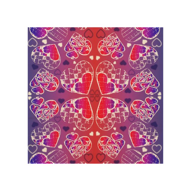 Purple and Red Whimsical Romantic Hearts pattern Wood Wall Decor (Front)