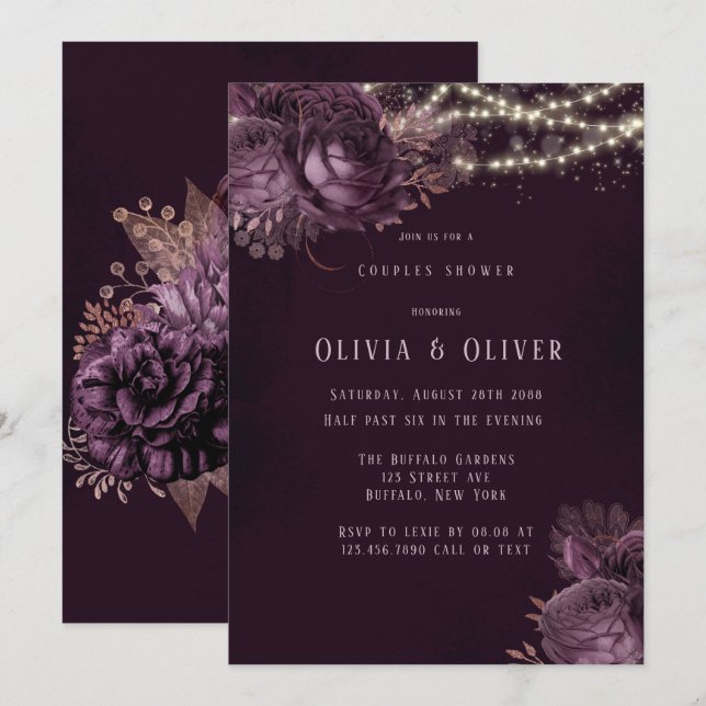Purple and Rose Gold Peony Couples Shower Invitation (Front/Back)