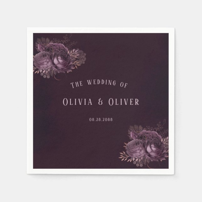 Purple and Rose Gold Peony Floral Wedding Napkins (Front)