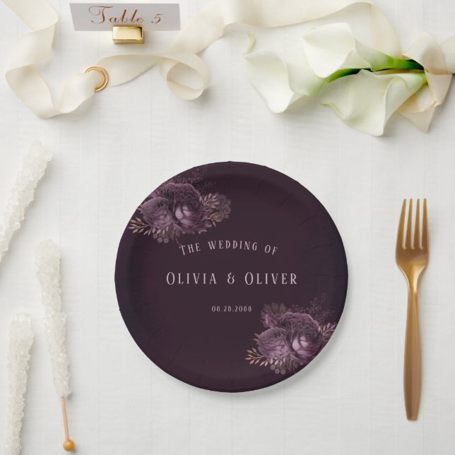 Purple and Rose Gold Peony Floral Wedding Paper Plates (Wedding)