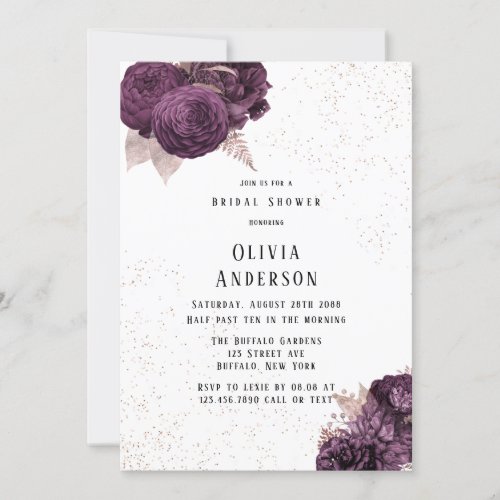 Purple and Rose Gold Peony Glitter Bridal Shower Invitation
