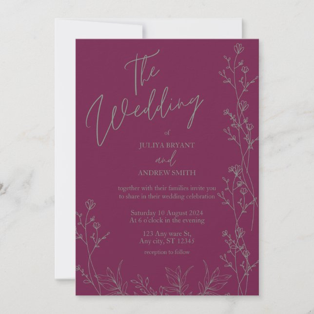 Purple and saga green thick wedding Invitation (Front)