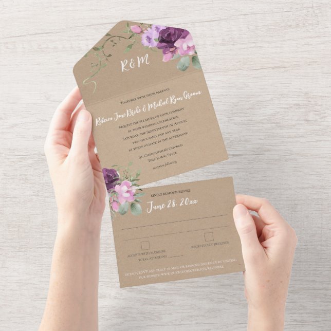 Purple and Sage Floral Rustic Wedding All In One Invitation (Tearaway)