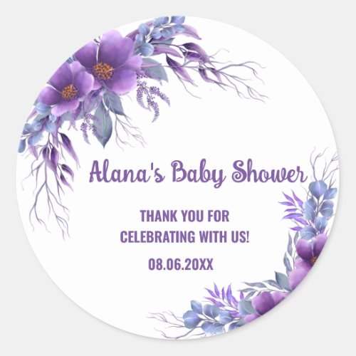 Purple and Sage Green Floral Baby Shower Favor Classic Round Sticker