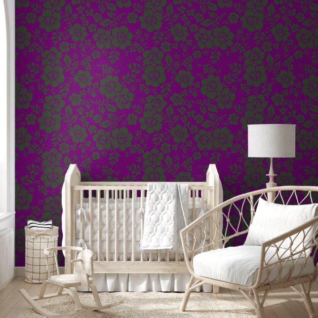 Purple and Sage Green floral flower peel and stick Wallpaper (Kids)