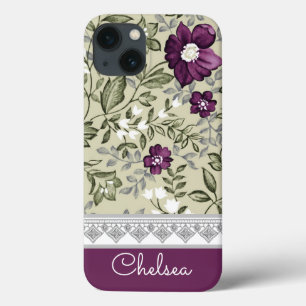 Purple and Sage Green Leaf Pattern Vintage Country iPhone 13 Case
