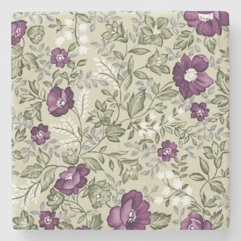 Purple And Sage Green Leaf Pattern Vintage Country Stone Coaster by Pretty_Vintage at Zazzle