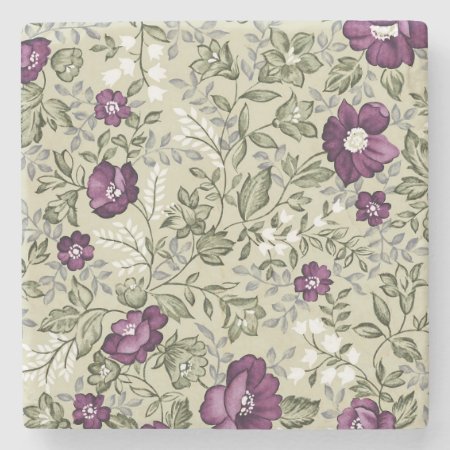 Purple And Sage Green Leaf Pattern Vintage Country Stone Coaster
