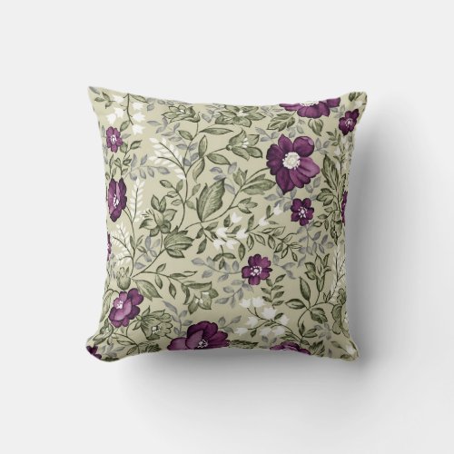 Purple and Sage Green Leaf Pattern Vintage Country Throw Pillow