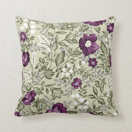 Purple And Sage Green Leaf Pattern Vintage Country Throw Pillow