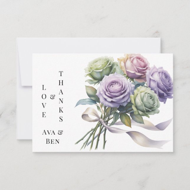 Purple and Sage Green Roses Love and Thanks Thank You Card (Front)