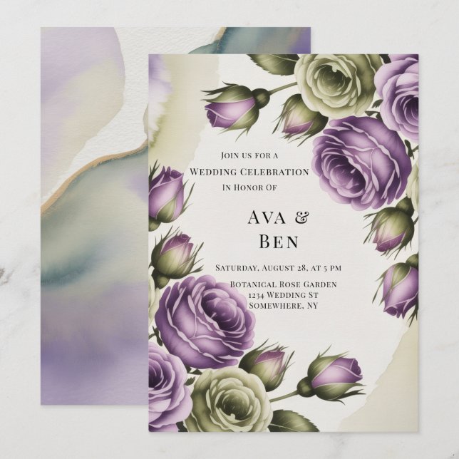 Purple and Sage Green Roses Painted Wedding Invitation (Front/Back)