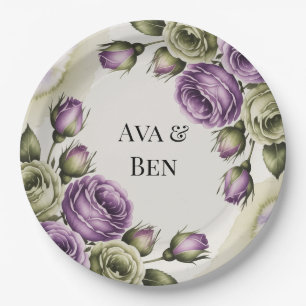 Purple and Sage Green Roses Watercolor Wedding Paper Plates