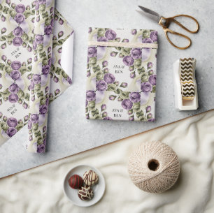 Purple and Sage Green Roses Watercolor Wedding Wrapping Paper