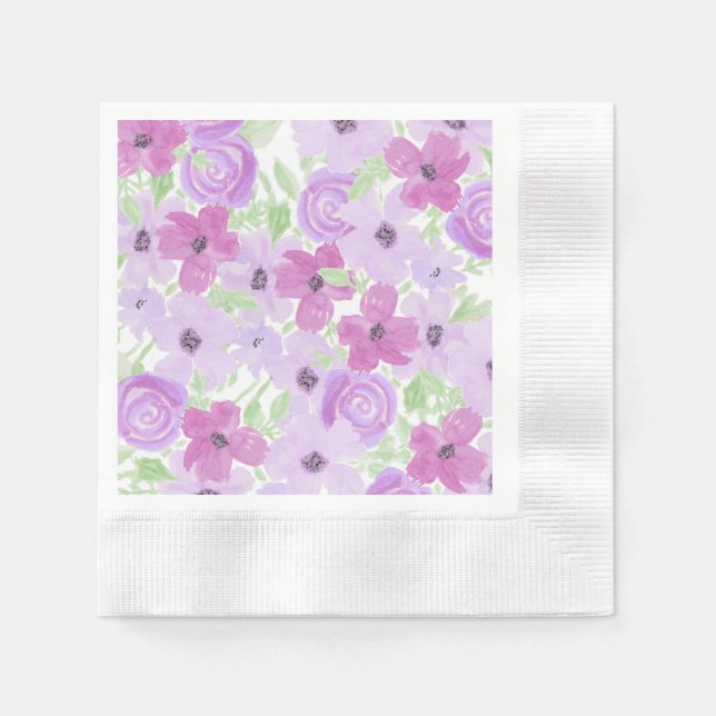 Purple and Sage Green Watercolor Floral Napkins (Front)