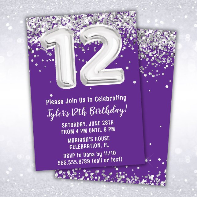 Purple and Silver 12th Birthday Invitation (Creator Uploaded)