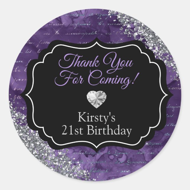 Purple and Silver 21st Birthday Favor Classic Round Sticker (Front)