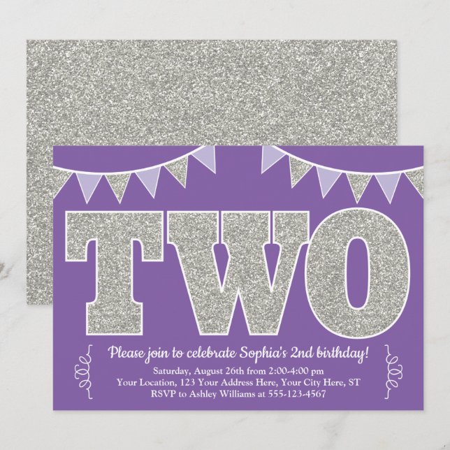 Purple and Silver 2nd Birthday Invitation | TWO (Front/Back)