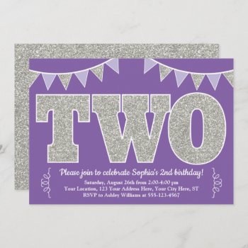 Purple And Silver 2nd Birthday Invitation | Two by PuggyPrints at Zazzle
