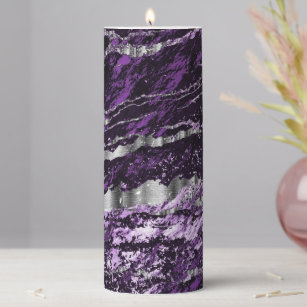 Purple and Silver Abstract Marble Pillar Candle