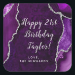 Purple and Silver Agate Happy Birthday Square Sticker<br><div class="desc">This elegant and glamorous sticker can be personalized with a name or title such as mom,  daughter,  granddaughter,  niece,  friend etc. The design features a purple agate marble background with faux silver glitter accents. The text combines handwritten script and modern sans serif fonts for a classy and sophisticated look.</div>
