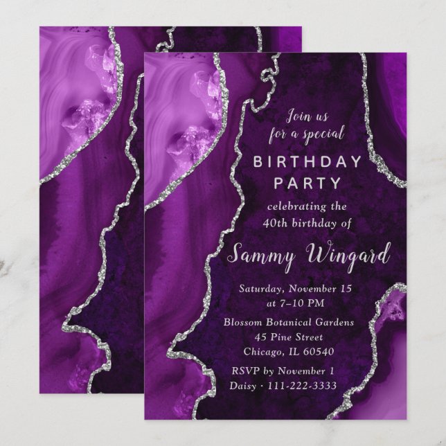 Purple and Silver Agate Marble 40th Birthday Party Invitation (Front/Back)