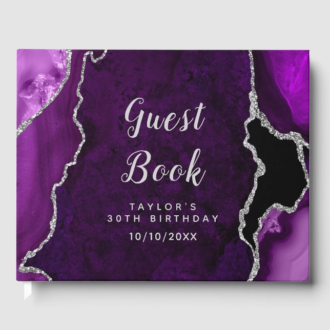 Purple and Silver Agate Marble Birthday Guest Book (Front)